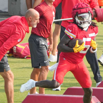 Jul 26, 2024; Kansas City, MO, USA; Kansas City Chiefs wide receiver Marquise “Hollywood” Brown (5) runs drills during training camp at Missouri Western State University. Mandatory Credit: Denny Medley-USA TODAY Sports