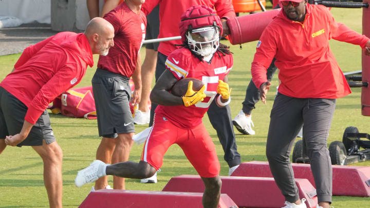 Jul 26, 2024; Kansas City, MO, USA; Kansas City Chiefs wide receiver Marquise “Hollywood” Brown (5) runs drills during training camp at Missouri Western State University. Mandatory Credit: Denny Medley-USA TODAY Sports