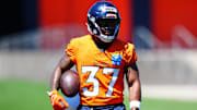 May 10, 2025; Englewood, CO, USA; Denver Broncos running back RJ Harvey (37) during rookie minicamp at Broncos Park Powered by CommonSpirit. 