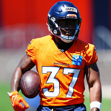 May 10, 2025; Englewood, CO, USA; Denver Broncos running back RJ Harvey (37) during rookie minicamp at Broncos Park Powered by CommonSpirit. 