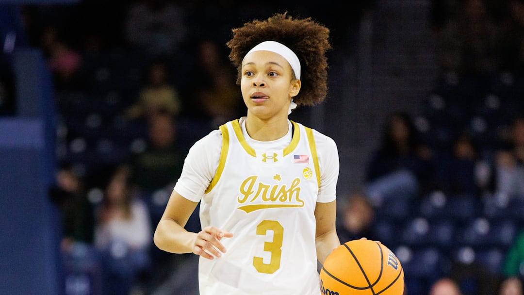 Notre Dame guard Hannah Hidalgo brings the ball up the court during an NCAA women's basketball game against No. 22 North Carolina at Purcell Pavilion on Sunday, Jan. 11, 2026, in South Bend.