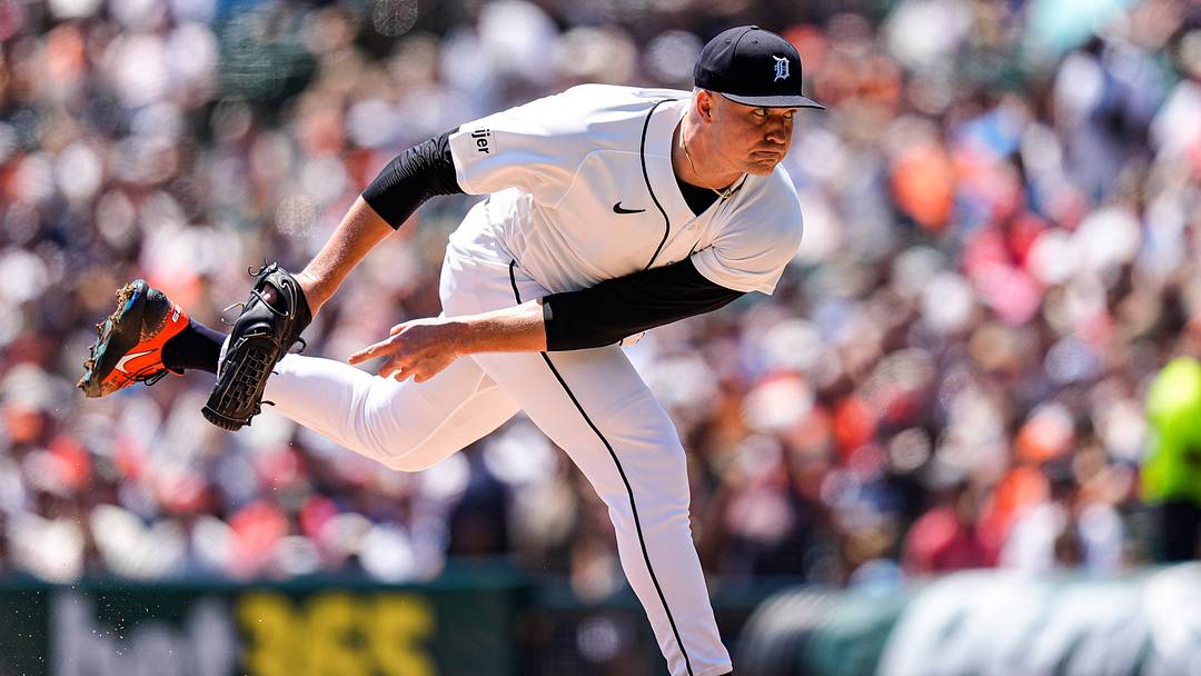 Detroit Tigers pitcher Tarik Skubal throws a pitch against the Philadelphia Phillies during the first inning at Comerica Park in Detroit on Sunday, July 12, 2026.