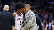 Mar 27, 2025; Newark, NJ, USA; Alabama Crimson Tide guard Aden Holloway (2) talks to head coach Nate Oats during the second half against the Brigham Young Cougars during an East Regional semifinal of the 2025 NCAA tournament at Prudential Center. Mandatory Credit: Vincent Carchietta-Imagn Images