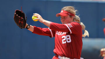 Oklahoma's Kelly Maxwell (28) pitches during a Women's College World Series softball game between the University of Oklahoma Sooners (OU) and the UCLA Bruins at Devon Park in Oklahoma City, Saturday, June 1, 2024.