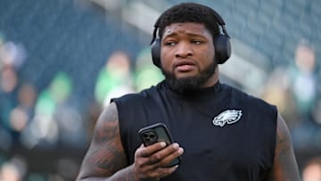 Dec 8, 2024; Philadelphia, Pennsylvania, USA; Philadelphia Eagles offensive tackle Fred Johnson (74) during warmups against the Carolina Panthers at Lincoln Financial Field. Mandatory Credit: Eric Hartline-Imagn Images