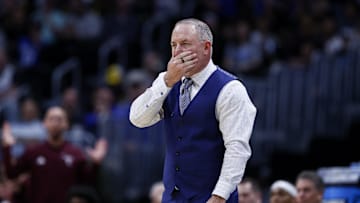 March 20, 2025; Denver, CO, USA; Texas A&M Aggies head coach Buzz Williams reacts during the second half against the Yale Bulldogs at Ball Arena. Mandatory Credit: Isaiah J. Downing-Imagn Images