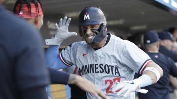 Jul 27, 2024; Detroit, Michigan, USA; Minnesota Twins designated hitter Royce Lewis celebrates a home run in the first inning against the Detroit Tigers at Comerica Park. Mandatory Credit: Brian Bradshaw Sevald-USA TODAY Sports