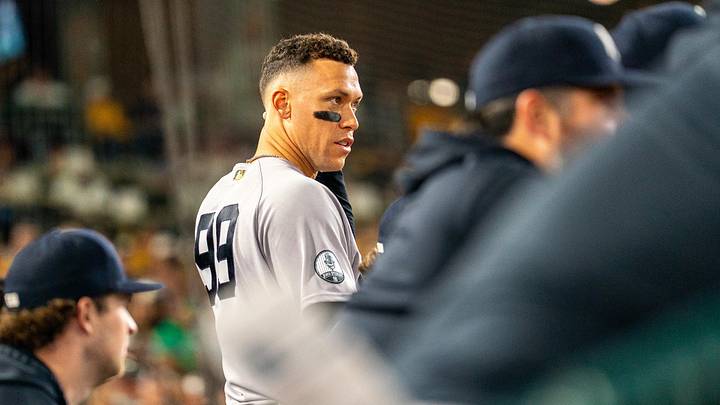 May 30, 2026; West Sacramento, California, USA; New York Yankees right fielder Aaron Judge (99) looks on during the seventh inning against the Athletics at Sutter Health Park. Mandatory Credit: Neville E. Guard-Imagn Images