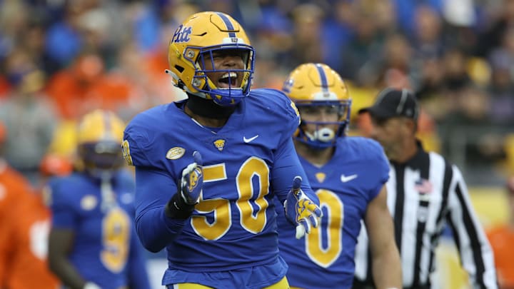 Oct 23, 2021; Pittsburgh, Pennsylvania, USA; Pittsburgh Panthers defensive lineman Dayon Hayes (50) reacts after recording a sack against the Clemson Tigers during the second quarter at Heinz Field. Mandatory Credit: Charles LeClaire-Imagn Images Oct 23, 2021; Pittsburgh, Pennsylvania, USA; Pittsburgh Panthers defensive lineman Dayon Hayes (50) reacts after recording a sack against the Clemson Tigers during the second quarter at Heinz Field. Mandatory Credit: Charles LeClaire-Imagn Images