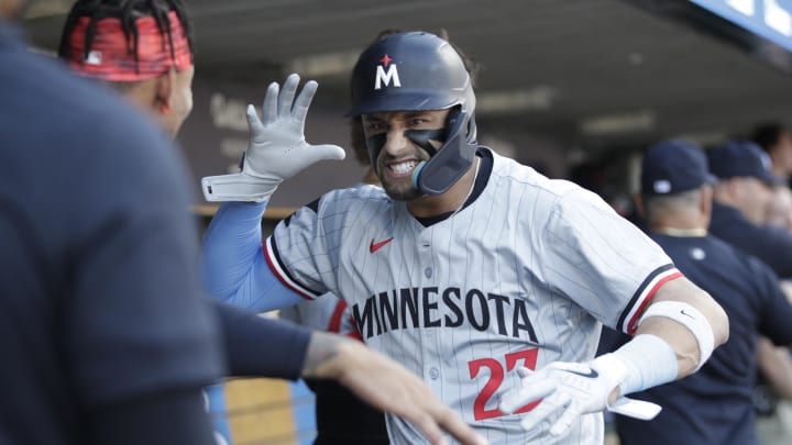 Jul 27, 2024; Detroit, Michigan, USA; Minnesota Twins designated hitter Royce Lewis celebrates a home run in the first inning against the Detroit Tigers at Comerica Park. Mandatory Credit: Brian Bradshaw Sevald-USA TODAY Sports