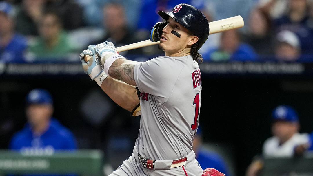 May 20, 2026; Kansas City, Missouri, USA; Boston Red Sox left fielder Jarren Duran (16) hits a home run during the seventh inning against the Kansas City Royals at Kauffman Stadium. Mandatory Credit: Jay Biggerstaff-Imagn Images