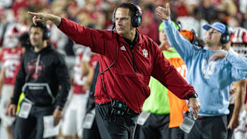 Nov 9, 2024; Bloomington, Indiana, USA; Indiana Hoosiers head coach Curt Cignetti reacts in the second half against the Michigan Wolverines at Memorial Stadium. Mandatory Credit: Trevor Ruszkowski-Imagn Images