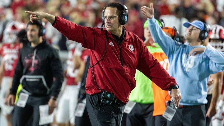 Nov 9, 2024; Bloomington, Indiana, USA; Indiana Hoosiers head coach Curt Cignetti reacts in the second half against the Michigan Wolverines at Memorial Stadium. Mandatory Credit: Trevor Ruszkowski-Imagn Images