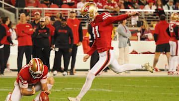 Oct 27, 2024; Santa Clara, California, USA; San Francisco 49ers kicker Anders Carlson (41) scores a field goal against the Dallas Cowboys during the fourth quarter at Levi's Stadium.
