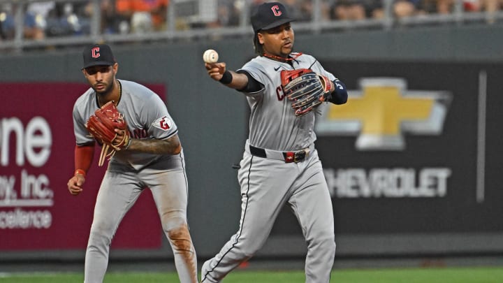 Jun 28, 2024; Kansas City, Missouri, USA;  Cleveland Guardians third baseman Jose Ramirez (11) throws to second base for an out in the fourth inning against the Kansas City Royals at Kauffman Stadium. Mandatory Credit: Peter Aiken-USA TODAY Sports