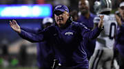 Oct 12, 2024; Boulder, Colorado, USA; Kansas State Wildcats head coach Chris Klieman celebrates after a touchdown during the first half against the Colorado Buffaloes at Folsom Field. Mandatory Credit: Christopher Hanewinckel-Imagn Images