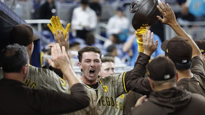 Aug 9, 2024; Miami, Florida, USA;  San Diego Padres center fielder Jackson Merrill (3) celebrates his home run against the Miami Marlins in the ninth inning at loanDepot Park. Mandatory Credit: Rhona Wise-USA TODAY Sports