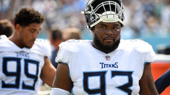 Sep 17, 2023; Nashville, Tennessee, USA; Tennessee Titans defensive tackle Teair Tart (93) walks the sideline during the first half against the Los Angeles Chargers at Nissan Stadium.