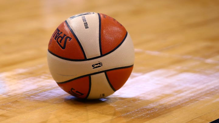Sep 9, 2014; Phoenix, AZ, USA; Detailed view of an official WNBA Spalding basketball on the court during the game between the Phoenix Mercury against the Chicago Sky during game two of the WNBA Finals at US Airways Center. Mandatory Credit: Mark J. Rebilas-Imagn Images
Sep 9, 2014; Phoenix, AZ, USA; Detailed view of an official WNBA Spalding basketball on the court during the game between the Phoenix Mercury against the Chicago Sky during game two of the WNBA Finals at US Airways Center. Mandatory Credit: Mark J. Rebilas-Imagn Images
