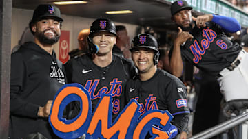 Sep 19, 2024; New York City, New York, USA;  New York Mets left fielder Brandon Nimmo (9) celebrates with pitcher Sean Manaea (59) and second baseman Jose Iglesias (11) after hitting a two run home run in the third inning against the Philadelphia Phillies at Citi Field. Mandatory Credit: Wendell Cruz-Imagn Images