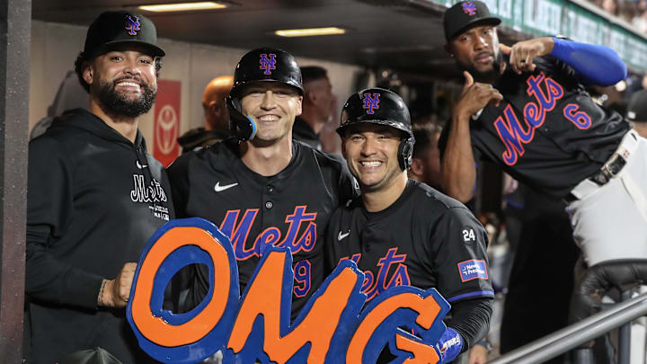 Sep 19, 2024; New York City, New York, USA;  New York Mets left fielder Brandon Nimmo (9) celebrates with pitcher Sean Manaea (59) and second baseman Jose Iglesias (11) after hitting a two run home run in the third inning against the Philadelphia Phillies at Citi Field. Mandatory Credit: Wendell Cruz-Imagn Images