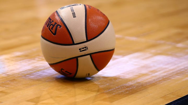 Sep 9, 2014; Phoenix, AZ, USA; Detailed view of an official WNBA Spalding basketball on the court during the game between the Phoenix Mercury against the Chicago Sky during game two of the WNBA Finals at US Airways Center. Mandatory Credit: Mark J. Rebilas-Imagn Images
