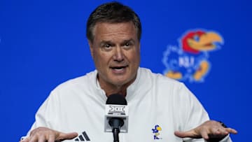 Oct 23, 2024; Kansas City, MO, USA; Kansas Jayhawks head coach Bill Self talks to media during the Big 12 Men’s Basketball Media Day at T-Mobile Center. Mandatory Credit: Jay Biggerstaff-Imagn Images