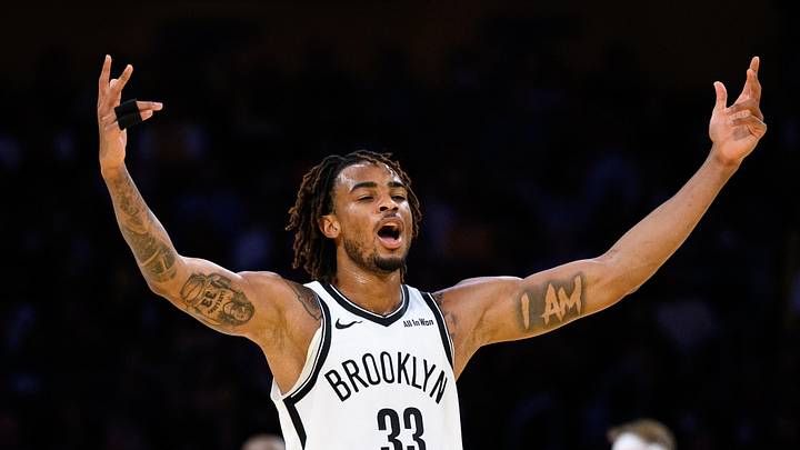 Mar 27, 2026; Los Angeles, California, USA; Brooklyn Nets center Nic Claxton (33) reacts during the first half against the Los Angeles Lakers at Crypto.com Arena. Mandatory Credit: William Liang-Imagn Images
