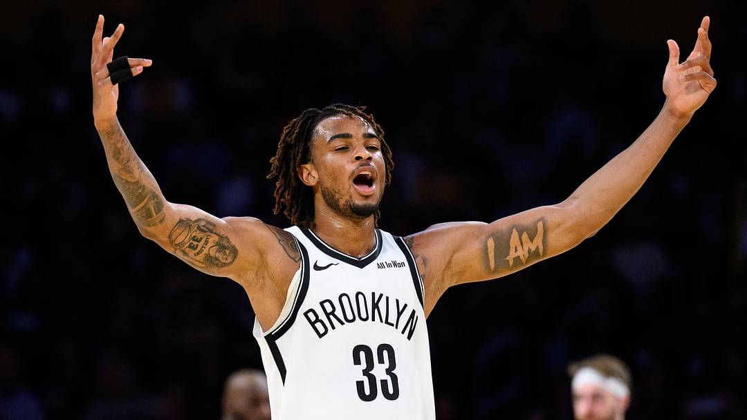 Mar 27, 2026; Los Angeles, California, USA; Brooklyn Nets center Nic Claxton (33) reacts during the first half against the Los Angeles Lakers at Crypto.com Arena. Mandatory Credit: William Liang-Imagn Images Mar 27, 2026; Los Angeles, California, USA; Brooklyn Nets center Nic Claxton (33) reacts during the first half against the Los Angeles Lakers at Crypto.com Arena. Mandatory Credit: William Liang-Imagn Images