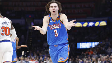 Dec 27, 2023; Oklahoma City, Oklahoma, USA; Oklahoma City Thunder guard Josh Giddey (3) reacts to an official's call during the second half against the New York Knicks at Paycom Center. Mandatory Credit: Alonzo Adams-USA TODAY Sports