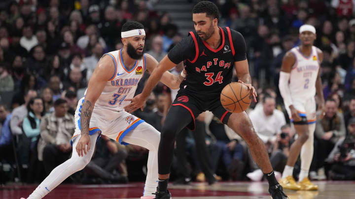 Mar 22, 2024; Toronto, Ontario, CAN; Toronto Raptors forward Jontay Porter (34) controls the ball