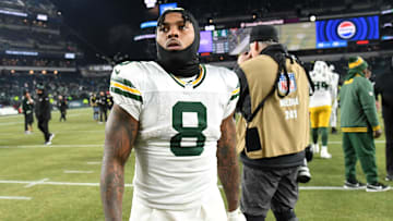 Jan 12, 2025; Philadelphia, Pennsylvania, USA; Green Bay Packers running back Josh Jacobs (8) reacts after the game against the Philadelphia Eagles in an NFC wild card game at Lincoln Financial Field. Mandatory Credit: Eric Hartline-Imagn Images