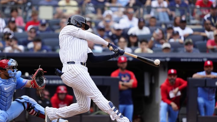 New York Yankees right fielder Juan Soto (22) hits a double against the St. Louis Cardinals during the ninth inning at Yankee Stadium on Aug 31.