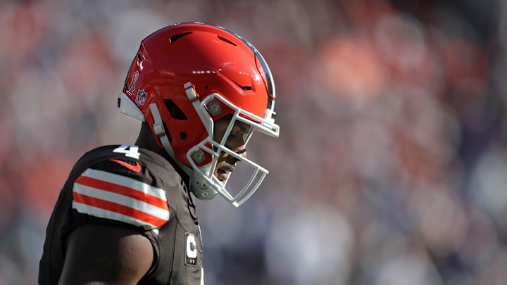 Cleveland Browns quarterback Deshaun Watson (4) hangs his head as he walks off the field during the first half of an NFL football game at Huntington Bank Field, Sunday, Sept. 8, 2024, in Cleveland, Ohio.