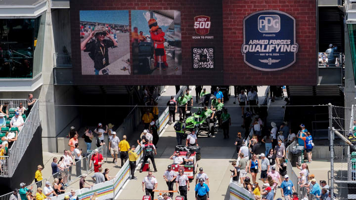 Cars are brought out to pit lane Sunday, May 19, 2024, for Top 12 qualifying for the 108th running of the Indianapolis 500 at Indianapolis Motor Speedway.