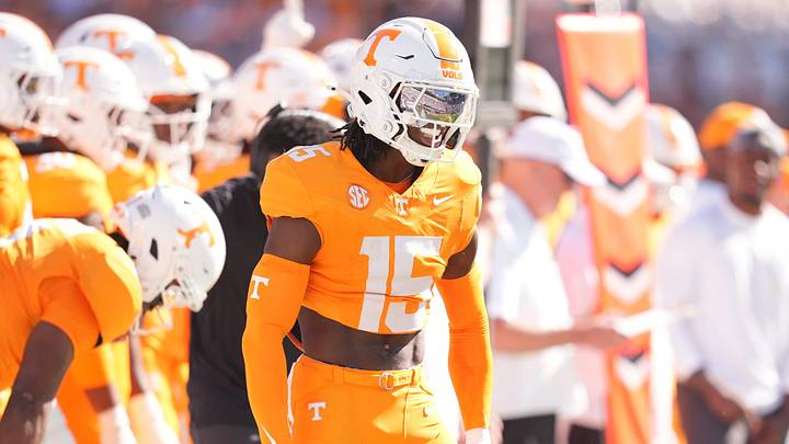 Tennessee defensive back Edrees Farooq (15) celebrates on the field during a college football game between Tennessee and Mississippi State at Davis Wade Stadium in Starkville, Miss., on Sept. 27, 2025.