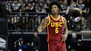 Feb 7, 2025; West Lafayette, Indiana, USA; USC Trojans guard Wesley Yates III (6) celebrates a three pointer during the first half against the Purdue Boilermakers at Mackey Arena. Mandatory Credit: Marc Lebryk-Imagn Images