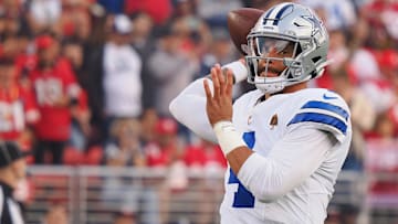Dallas Cowboys quarterback Dak Prescott (4) throws the ball during warm-ups before the game against the San Francisco 49ers at Levi's Stadium.