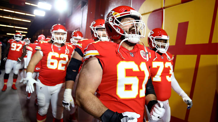 Jan 20, 2019; Kansas City, MO, USA; Kansas City Chiefs center Mitch Morse (61) reacts against the New England Patriots during the AFC championship game at Arrowhead Stadium. Mandatory Credit: Mark J. Rebilas-Imagn Images