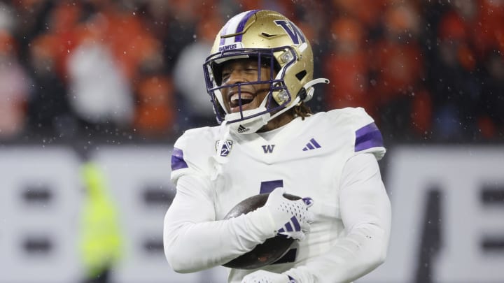 Nov 18, 2023; Corvallis, Oregon, USA; Washington Huskies  corner back Jabbar Muhammad (1) celebrates after a fumble recovery during the first half against the Oregon State Beavers at Reser Stadium. Mandatory Credit: Soobum Im-USA TODAY Sports