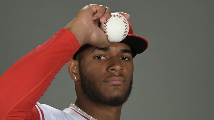 Feb 21, 2024; Tempe, AZ, USA;    Los Angeles Angels relief pitcher Walbert Urena (93) poses for a photo on media day in Tempe, AZ. Mandatory Credit: Jayne Kamin-Oncea-Imagn Images