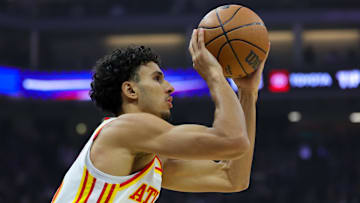 Zaccharie Risacher #10 of the Atlanta Hawks shoots the ball against the New York Knicks.