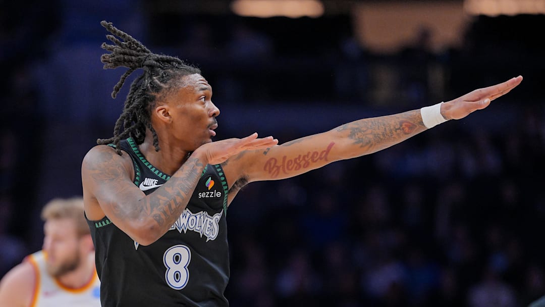 Feb 9, 2026; Minneapolis, Minnesota, USA; Minnesota Timberwolves guard Bones Hyland (8) celebrates his basket against the Atlanta Hawks in the second quarter at Target Center. Mandatory Credit: Brad Rempel-Imagn Images