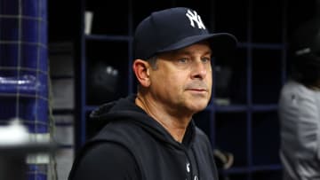 Jul 9, 2024; St. Petersburg, Florida, USA; New York Yankees manager Aaron Boone (17) looks on against the Tampa Bay Rays during the seventh inning at Tropicana Field. Mandatory Credit: Kim Klement Neitzel-USA TODAY Sports