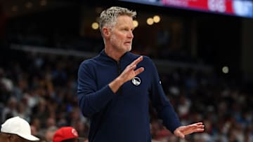 Apr 1, 2025; Memphis, Tennessee, USA; Golden State Warriors head coach Steve Kerr reacts during the second quarter against the Memphis Grizzlies at FedExForum. Mandatory Credit: Petre Thomas-Imagn Images