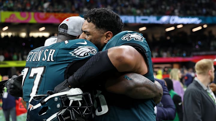 Feb 9, 2025; New Orleans, LA, USA; Philadelphia Eagles offensive tackle Jordan Mailata (68) celebrates with Philadelphia Eagles offensive tackle Mekhi Becton (77) after winning Super Bowl LIX at Caesars Superdome. Mandatory Credit: Geoff Burke-Imagn Images