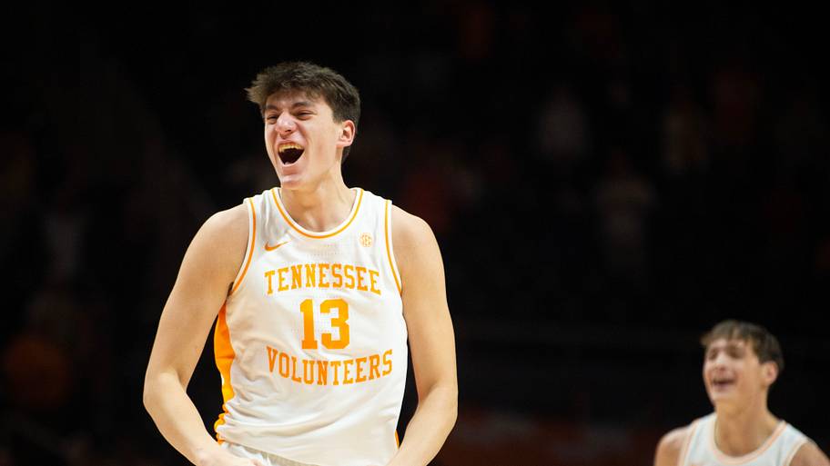 Tennessee’s J.P. Estrella celebrates after scoring against Florida during their NCAA basketball game.