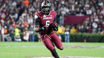 Nov 25, 2023; Columbia, South Carolina, USA; South Carolina Gamecocks tight end Joshua Simon (6) runs the ball against the Clemson Tigers in the first half at Williams-Brice Stadium. 