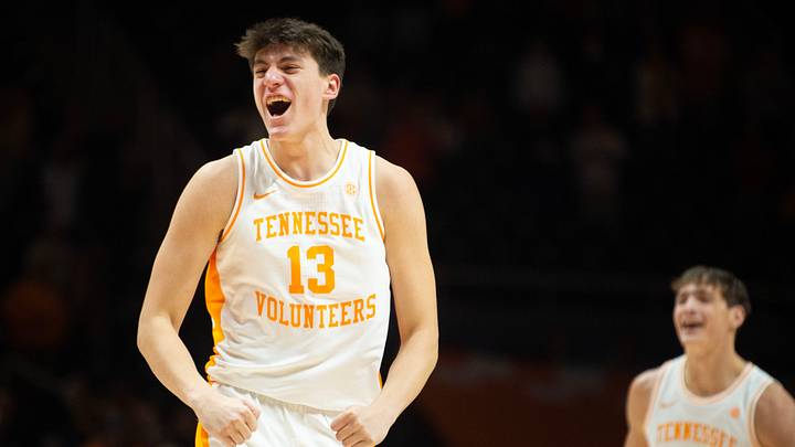 Tennessee's J.P. Estrella (13) celebrates after scoring against Florida during their NCAA basketball game on Tuesday, January 16, 2024 in Knoxville, Tenn.