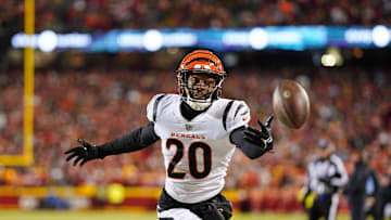 Jan 29, 2023; Kansas City, Missouri, USA; Cincinnati Bengals cornerback Eli Apple (20) reaches for